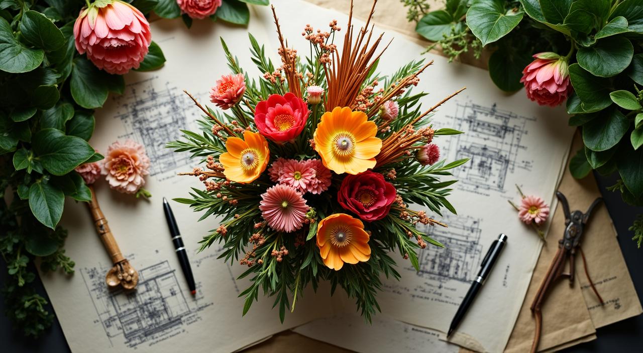 Arreglo floral artístico con herramientas de diseño