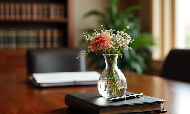Detalle de oficina legal con arreglos florales