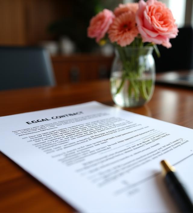 Contratos legales sobre escritorio con flores