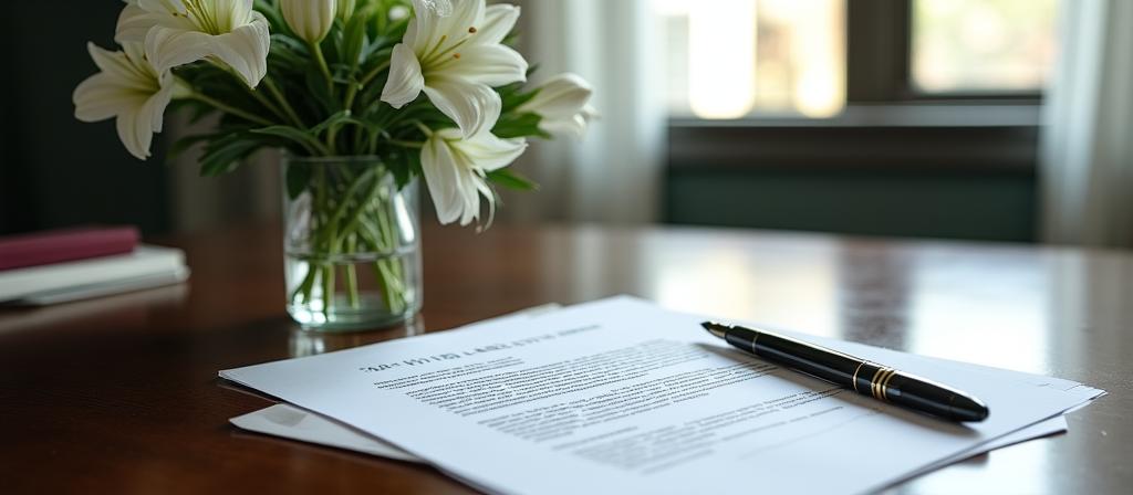 Mesa de despacho profesional con sutiles detalles florales y documentos legales
