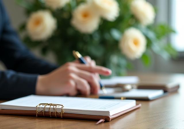 Abogado revisando documentos legales con arreglos florales de fondo